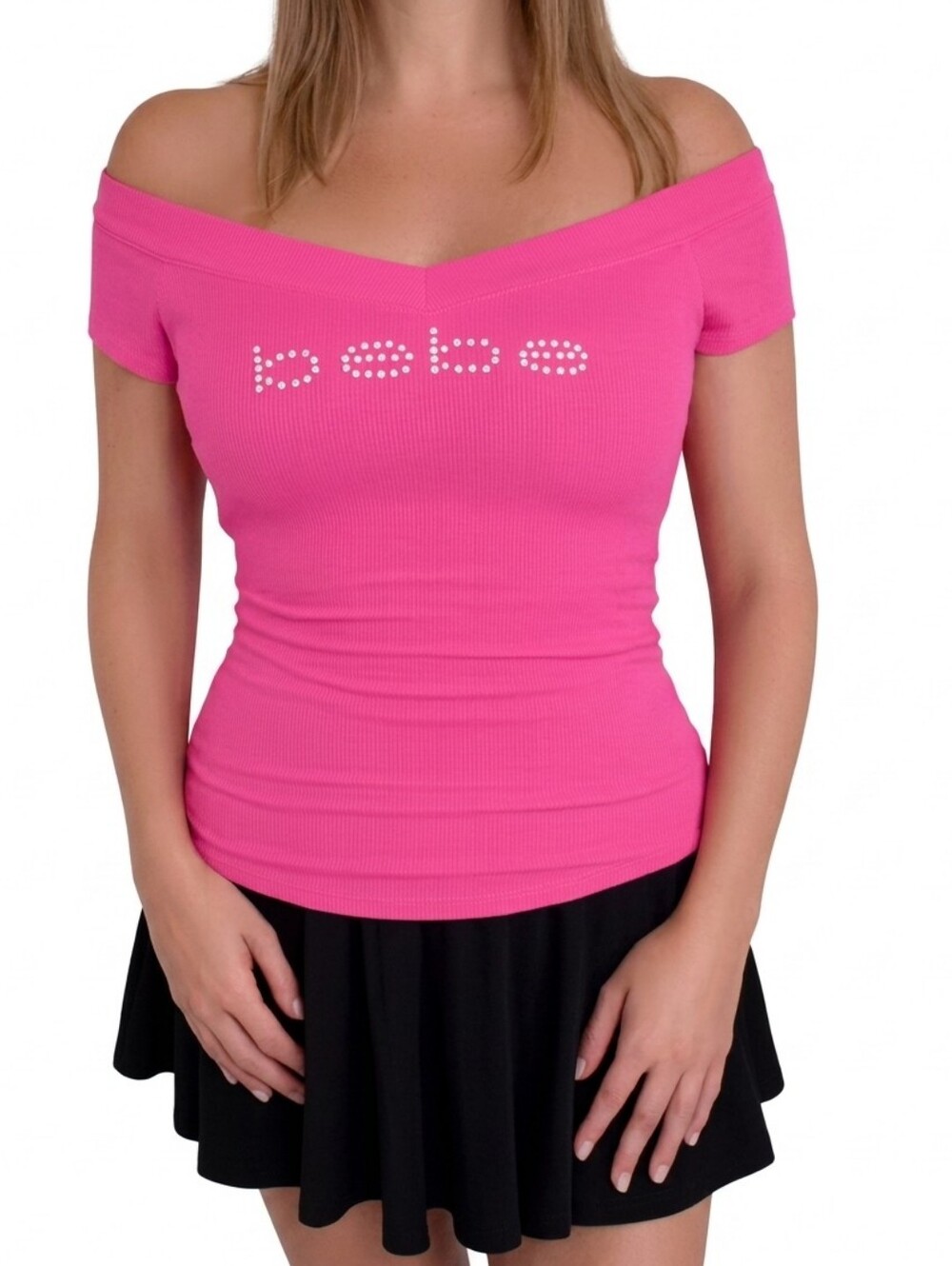 Vintage Bebe Rhinestone Logo Pink Off The Shoulder Top